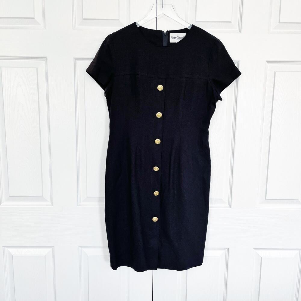 Vintage New Classics Black Linen Blend Sheath Dress Gold Button